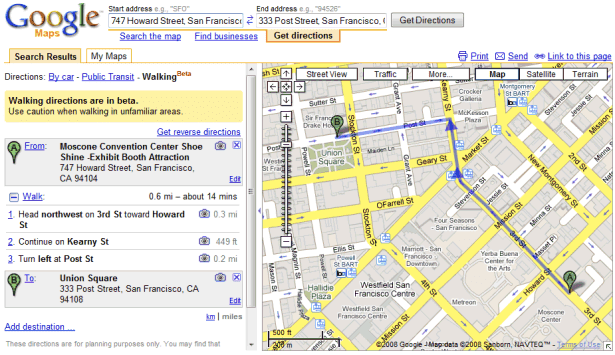 Google Maps walking directions for SF (2008)